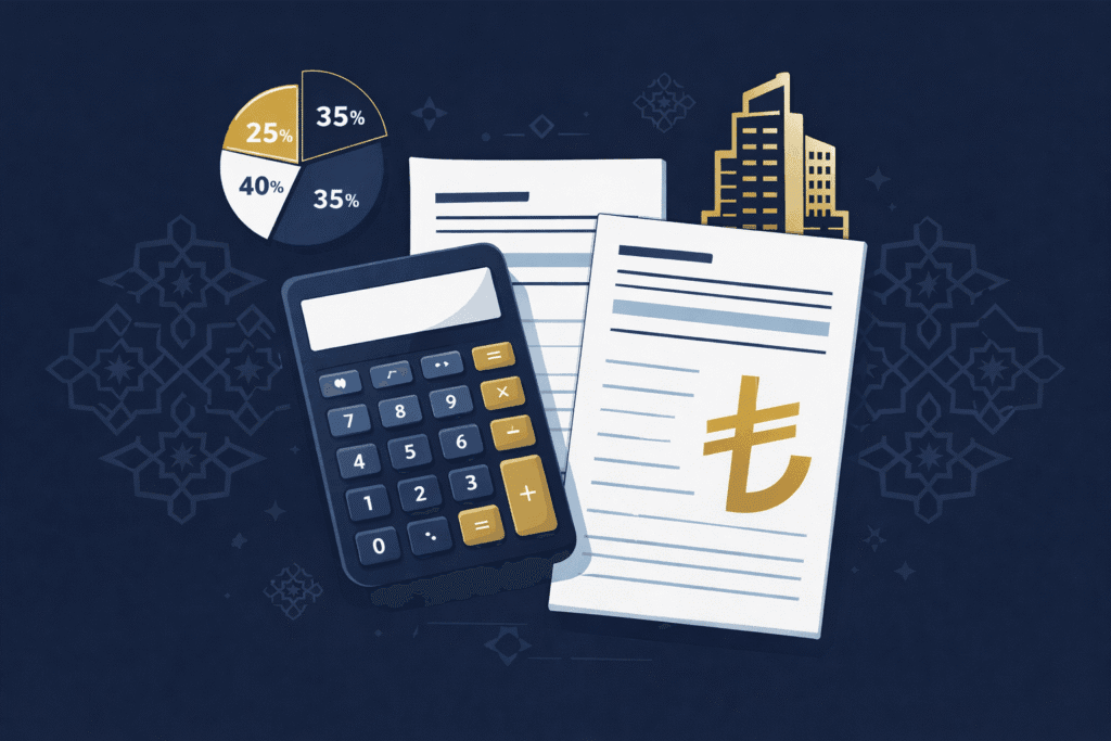 Turkish corporate tax applications guide featuring calculator and financial documents (article featured image). - CKAY