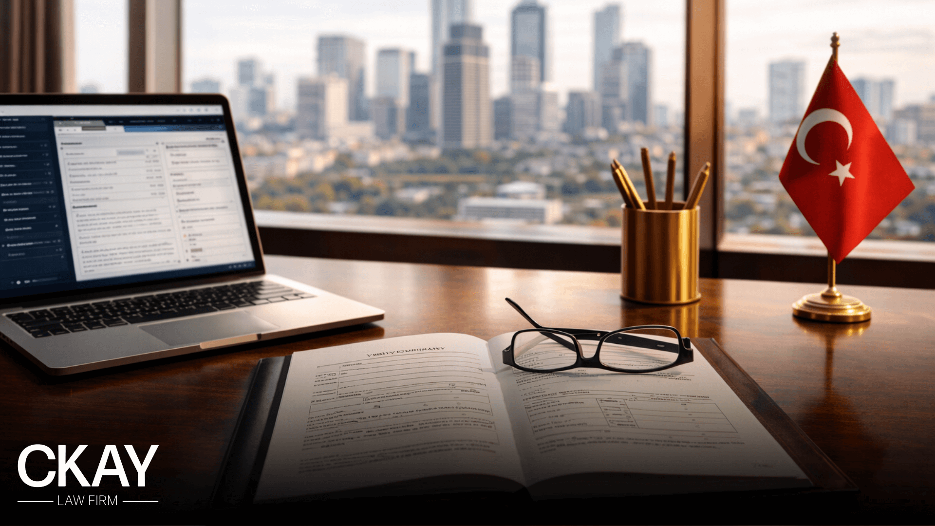 Insurance law consultation desk in an Istanbul law office with policy documents and Istanbul business district skyline through the window - CKAY Law Firm